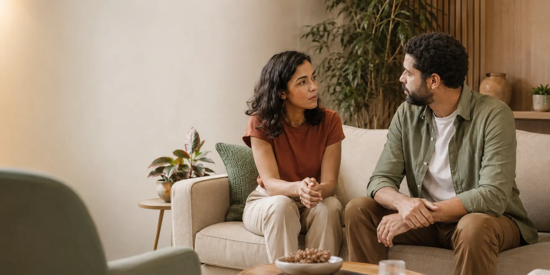 Casal conversando em um ambiente acolhedor de terapia